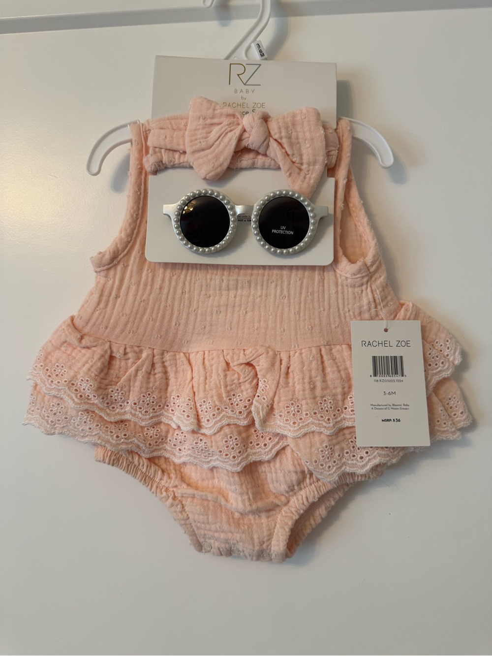 Rachel Zoe Pink Ruffle Baby Romper with Headband & Pearl-Trim Sunglasses